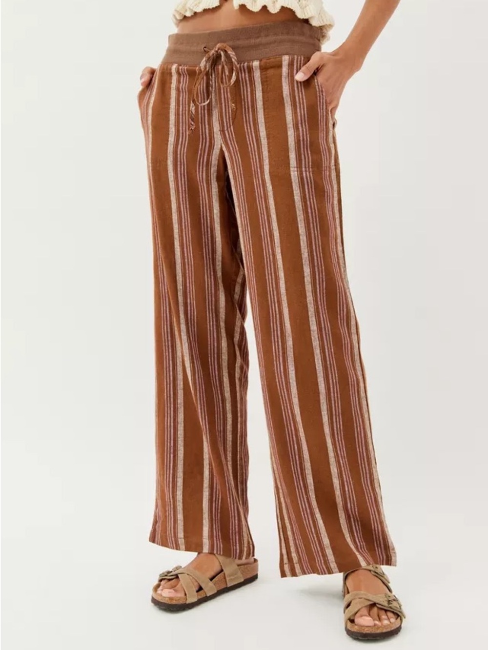 URBAN OUTFITTERS Costa Low-Rise Linen Pant BEACH FLOWY COMFY BROWN STRIPED (M)